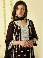 Myshka Women's Coffee Brown Georgette Kurta & Palazzos With Dupatta Party Sets | Grocsy