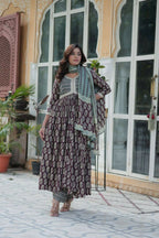 Vastranavya Wine Pure Cotton Printed Top with Pant & Dupatta Set | Grocsy