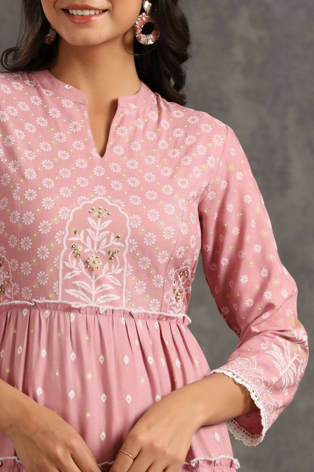 Juniper Womens Onion Pink Rayon Foil Printed Tiered Dress | Grocsy