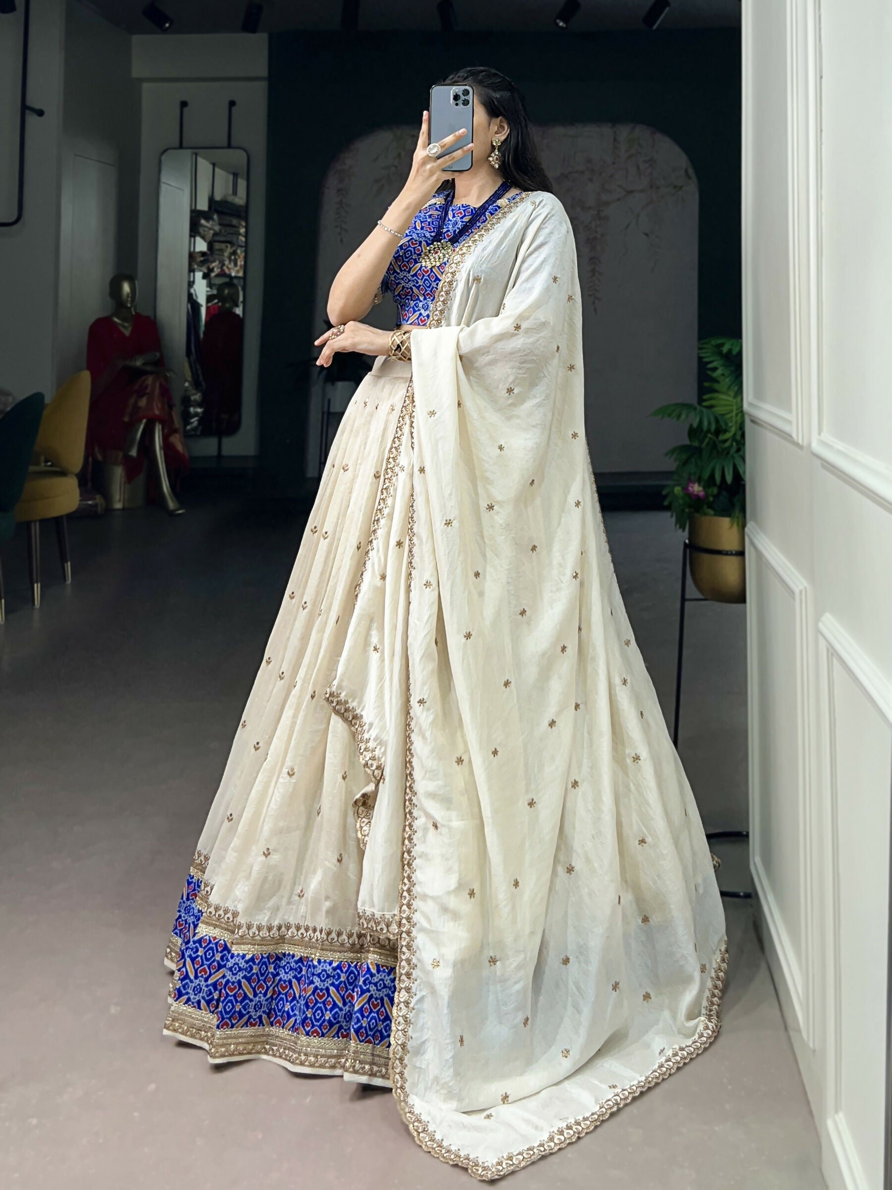 Lorenvalley Fashion White Vichitra Silk Sequins and Thread Embroidery Work Lehenga Choli with Dupatta | Grocsy