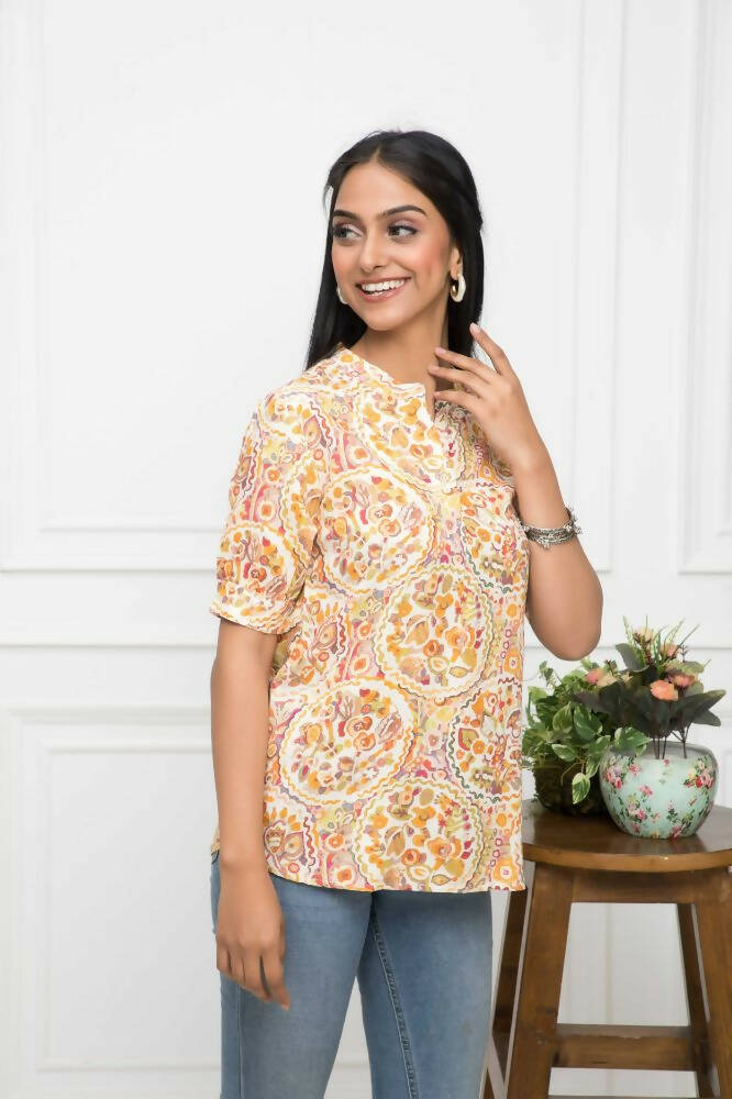Myshka Women Mustard Floral V-Neck Regular Sleeves Viscose Rayon Top | Grocsy