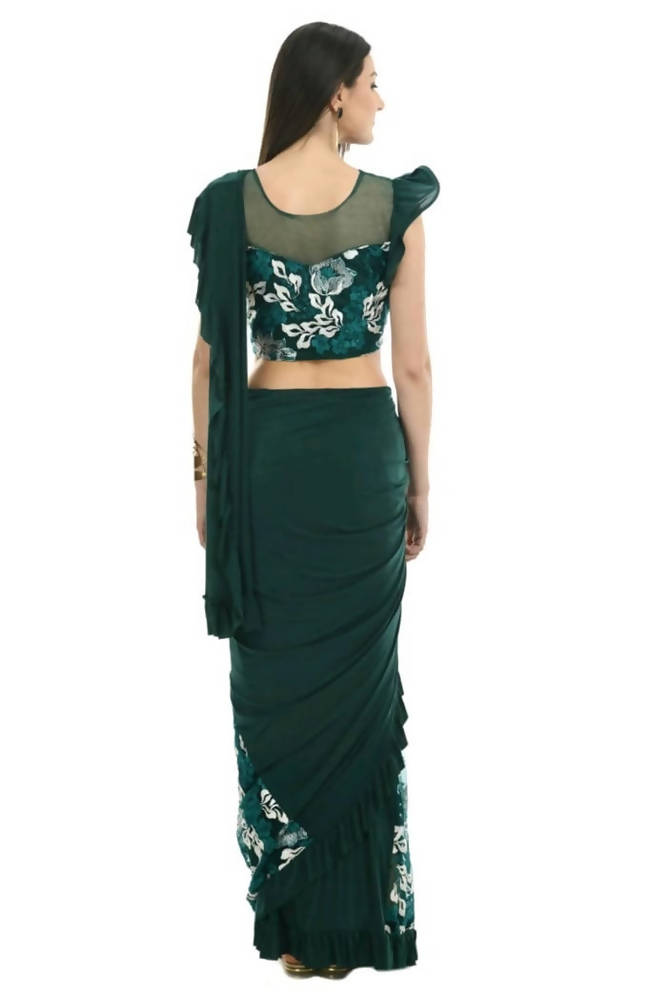 Mominos Fashion All Season Wear Bottle Green & White Thread Embroidered Ruffled Ready To Wear Saree | Grocsy
