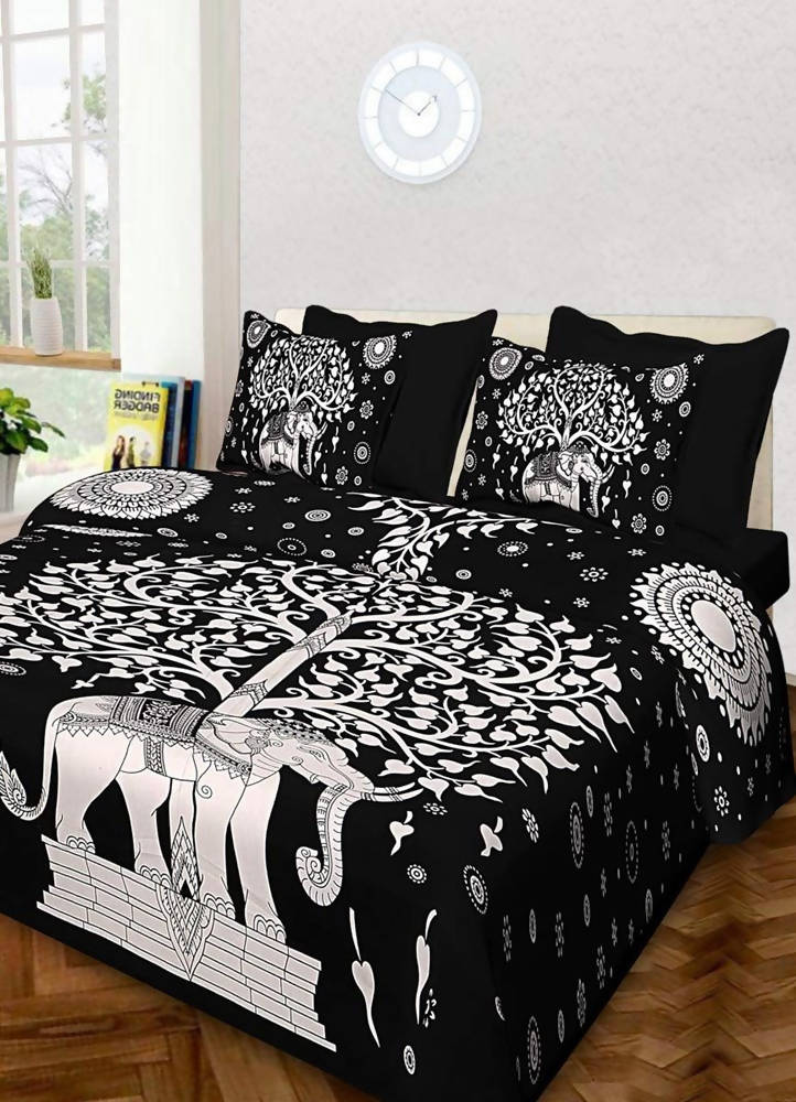 Vamika Printed Cotton Black Bedsheet With Pillow Covers (LEOC_SKHTY_BL) | Grocsy