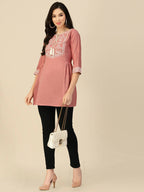 Peach Chinon Slub Floral Embroidered Top - Zeny | Grocsy