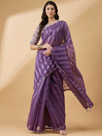 Purple Cotton Blend Sequence Work Saree with Stitched Blouse - Dharavi | Grocsy