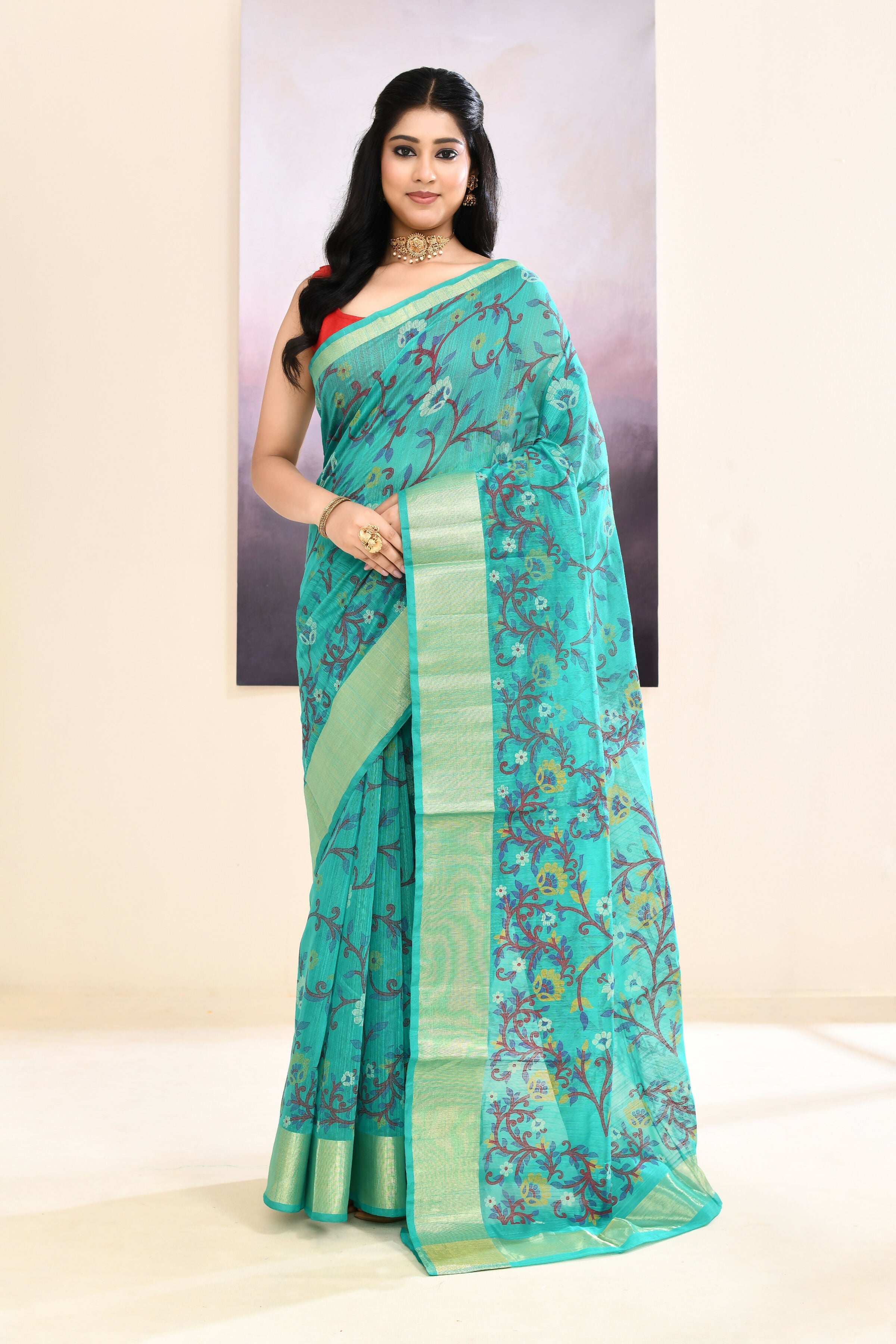 Piyari Fashion Women's Turquoise Embellished Cotton Blend Printed Saree | Grocsy