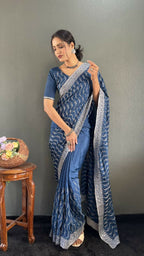 Vastranavya Sea Blue Chinnon Silk Embroidery Multi Sequence & Arco Cut Work Ready to Wear Saree | Grocsy