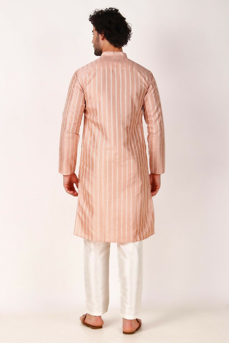 Pink Art Silk Woven Designer Men's Rajwadi Kurta Set - Mahotsav | Grocsy