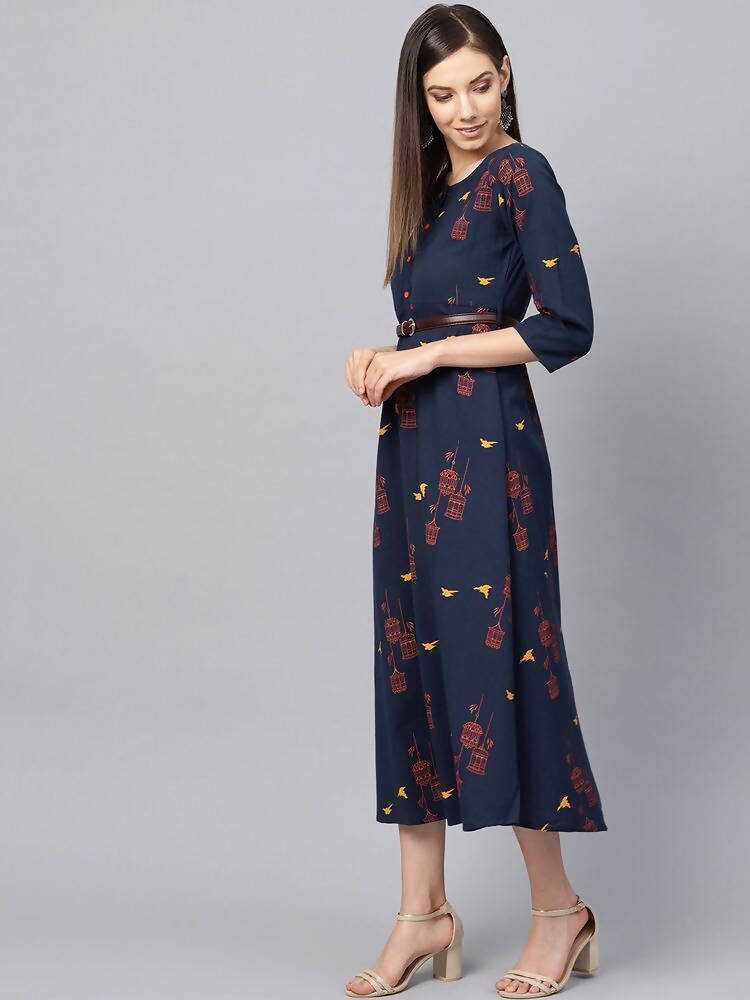Yufta Women Navy Blue & Orange Quirky Printed Maxi Dress | Grocsy