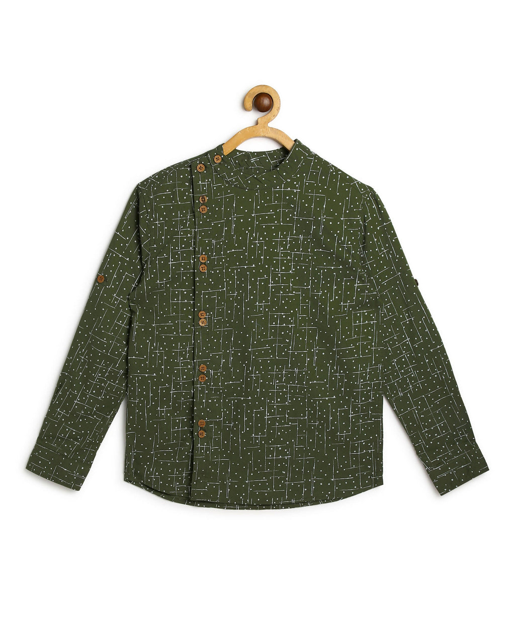 Manet Boys Full Sleeves Dot Printed Ethnic Shirt - Olive Green | Grocsy