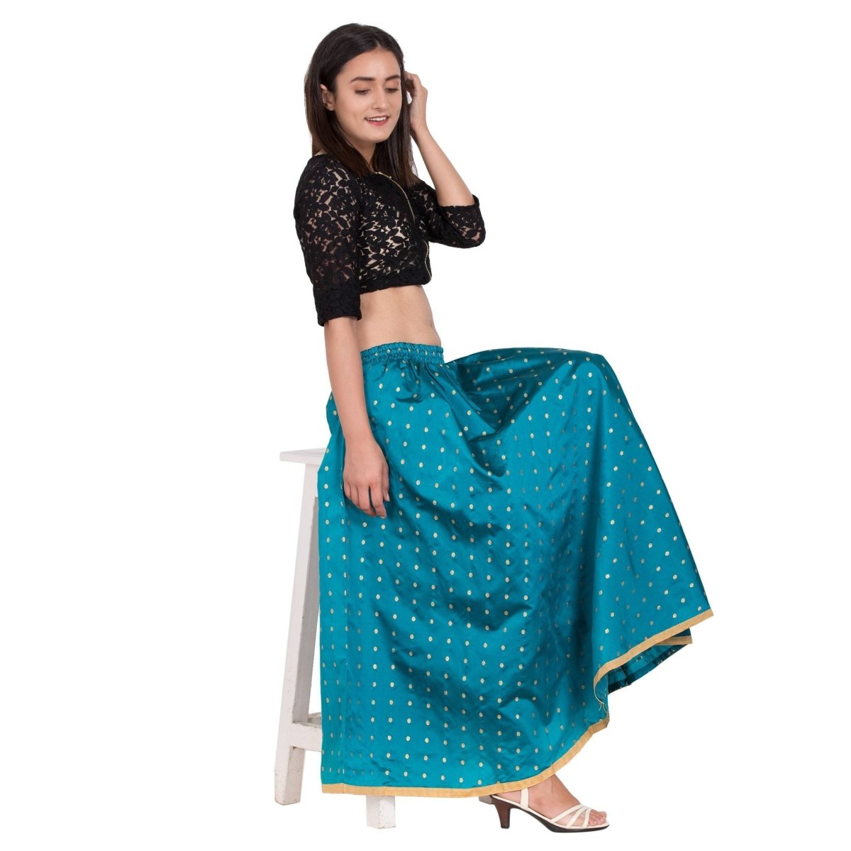 Asmaani Turquoise Color Golden Zari Work Maxi Skirt | Grocsy