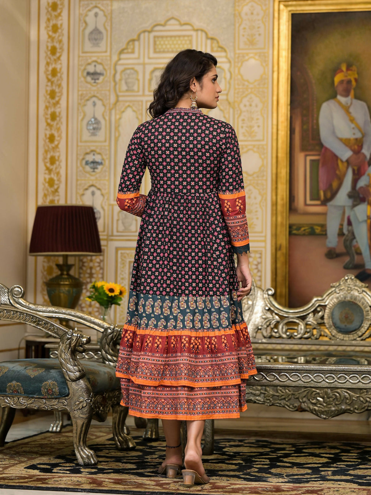 Juniper Women's Black Ethnic Motif Printed Cotton Dress With Coins Thread & Mirror Work | Grocsy