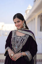 Joban Fashion Wine Kurta Set Velvet Sequins , Zari, Coding & Thread Embroidered work | Grocsy