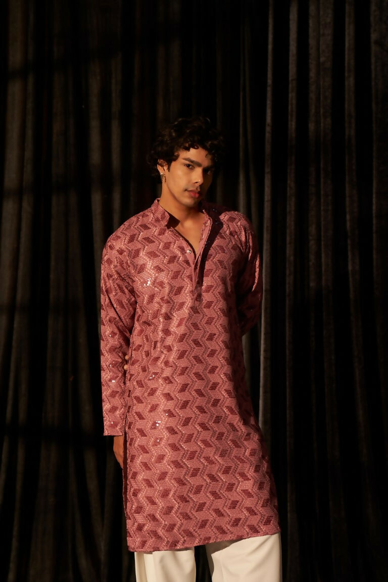 Pink viscose Chikankari Embroidery Work Men's Traditional Kurta Set - Mahotsav | Grocsy