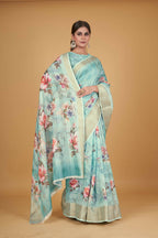 Blue Cotton Silk Digital Printed Saree With Unstitched Blouse Piece - Alisha | Grocsy