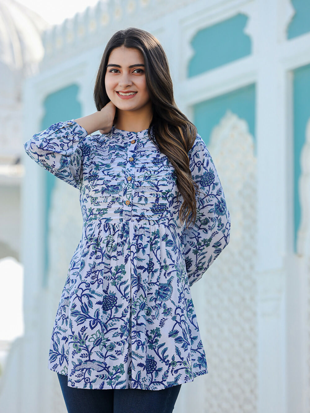 Kaajh Women's White-Blue Hand Block Printed Cotton Top | Grocsy