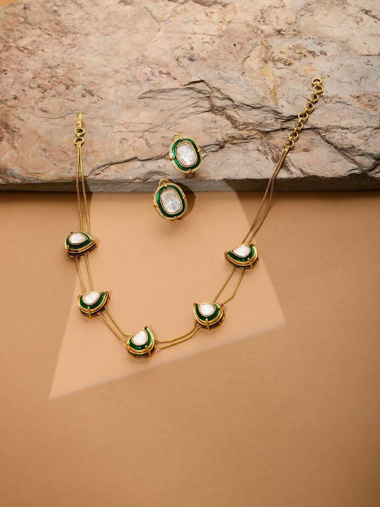 Green Meenakari Antique Finish Earrings and Drop Necklace set - Ruby Raang | Grocsy