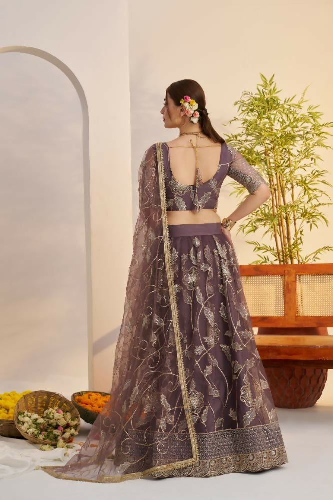 Aastha Fashion Dark Onion Butterfly Net Zari Work And Cotton Thread Work And Sequence Work Embroidery Wedding Wear Lehenga Choli | Grocsy