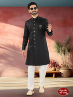 Joban Fashion Men's Black Straight Imported Tr Self-Design In Fabric Indo-Western Kurta Set | Grocsy