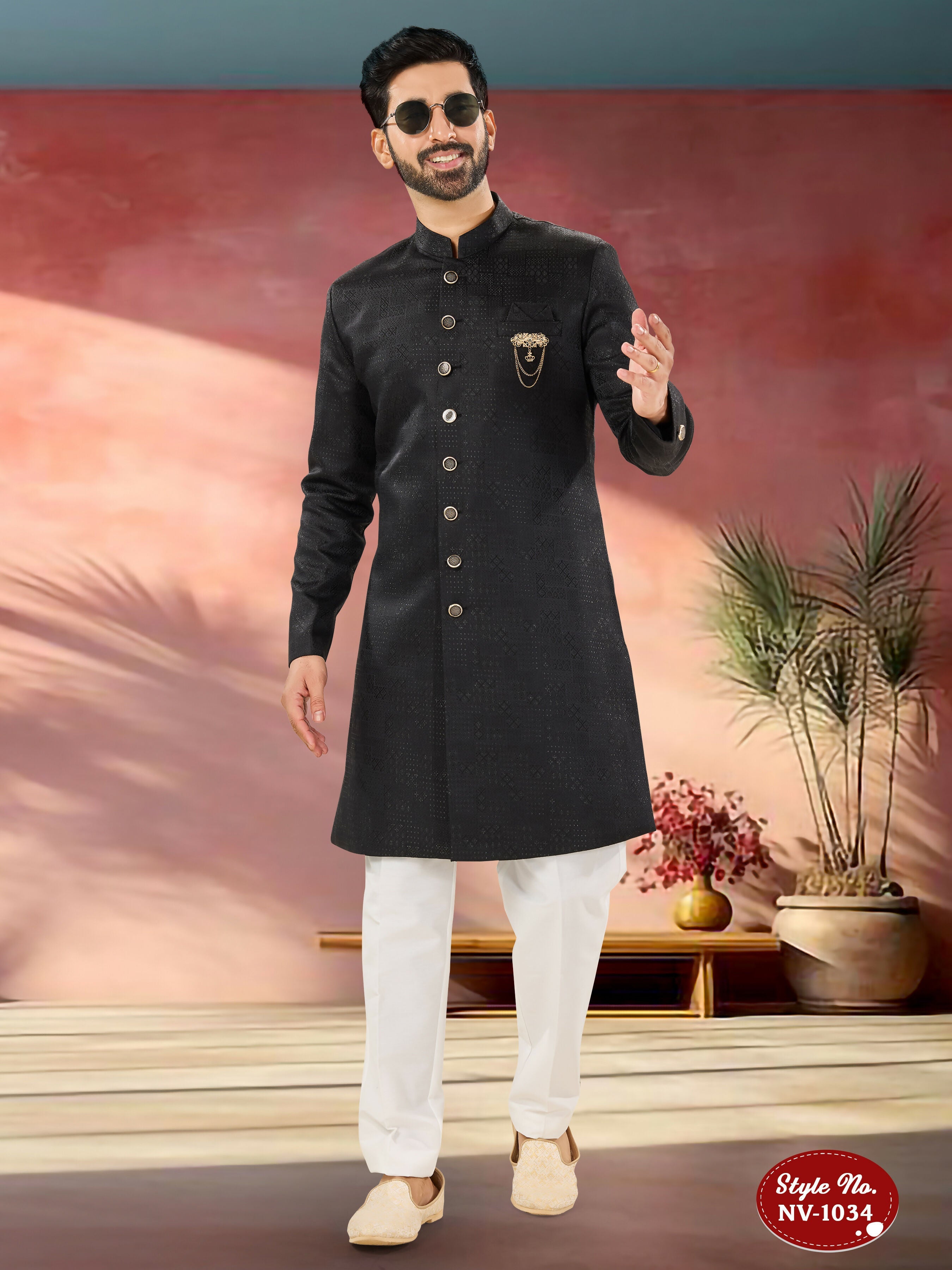Joban Fashion Men's Black Straight Imported Tr Self-Design In Fabric Indo-Western Kurta Set | Grocsy
