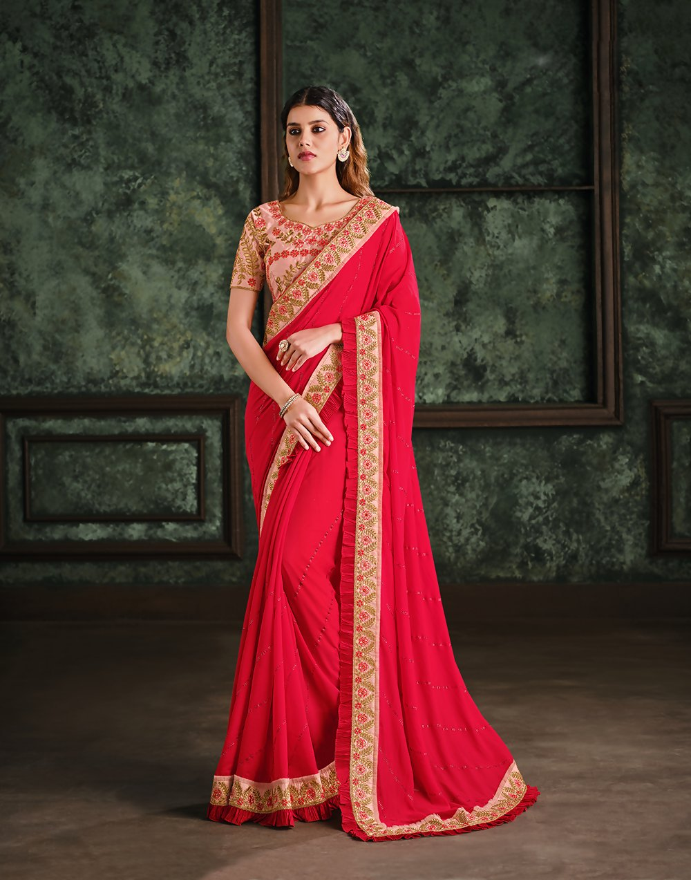 Red Silk Georgetteresham, Zari And Cord Embroidery Saree - Norita Hit | Grocsy