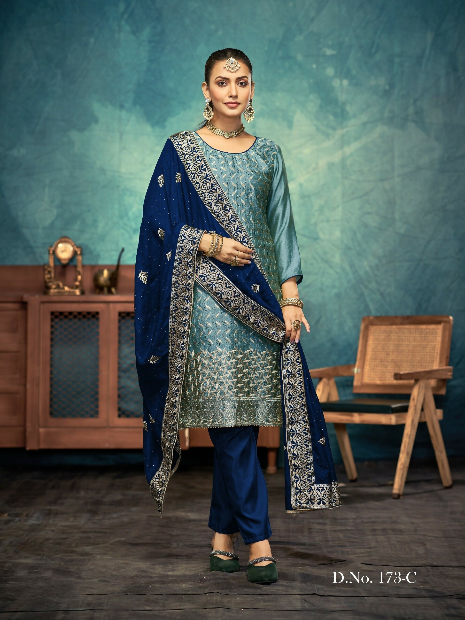 Anaita Light Teal Premium Embroidered with servos waki diamond Vichitra Silk Stitched Salwar Suit | Grocsy