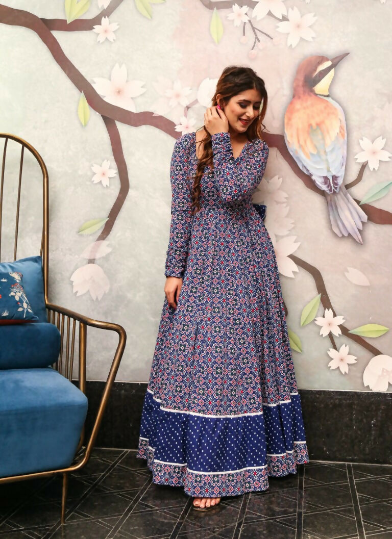 Jyoti Fashion Women's Navy Blue Heavy Digital Printed Cotton Silk Anarkali Dress | Grocsy