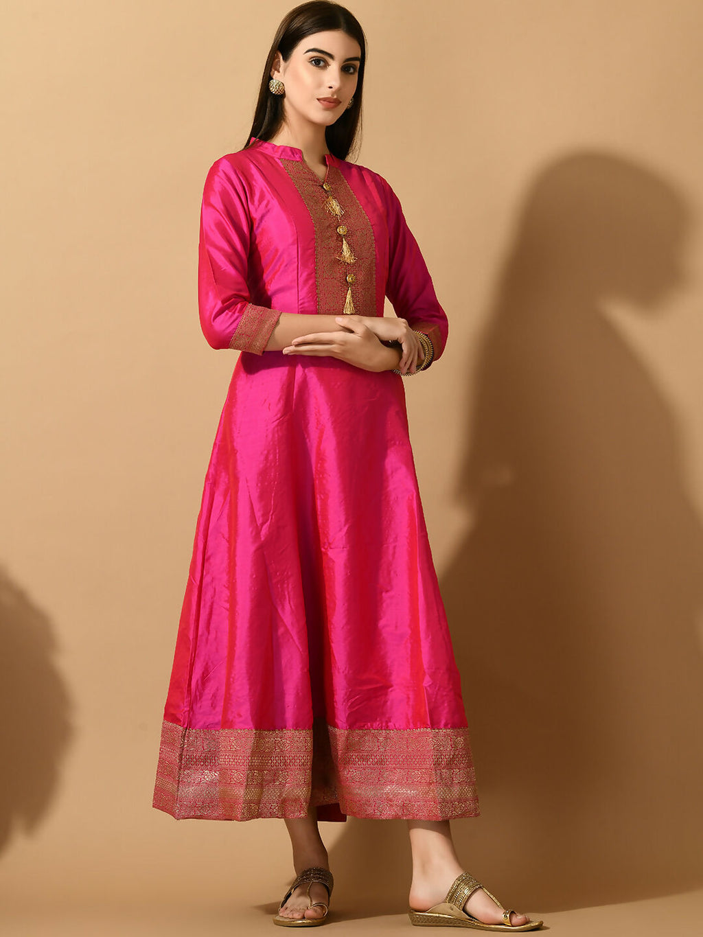 Myshka Women's Pink Silk Festive Anarkali Kurta | Grocsy