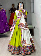 Yash Enterprise Green White Rayon Cotton Embroidery Semi Stitched Navratri Top Chaniya Choli | Grocsy