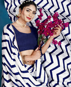 Blue Japan Satin Stripe Printed Saree With Unstitched Blouse Piece - Laavanya | Grocsy