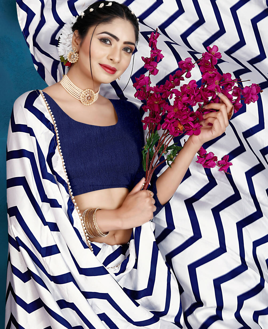 Blue Japan Satin Stripe Printed Saree With Unstitched Blouse Piece - Laavanya | Grocsy