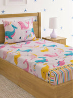 Home Sizzler Pink & Blue Cartoon 210 TC Cotton Bedsheet with Pillow Covers | Grocsy