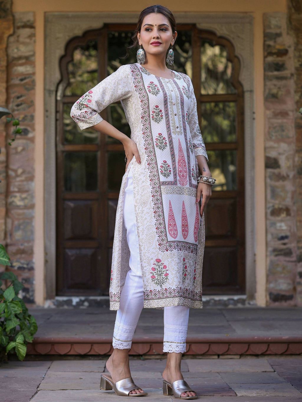 Juniper Women's Pink Viscose Shantoon Festive Printed Straight Kurta | Grocsy