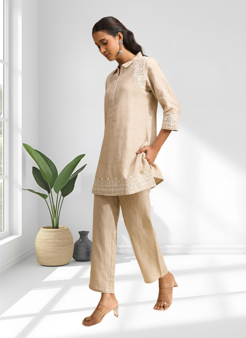 Joban Fashion Beige Linen Embroidered Readymade Cord Set | Grocsy