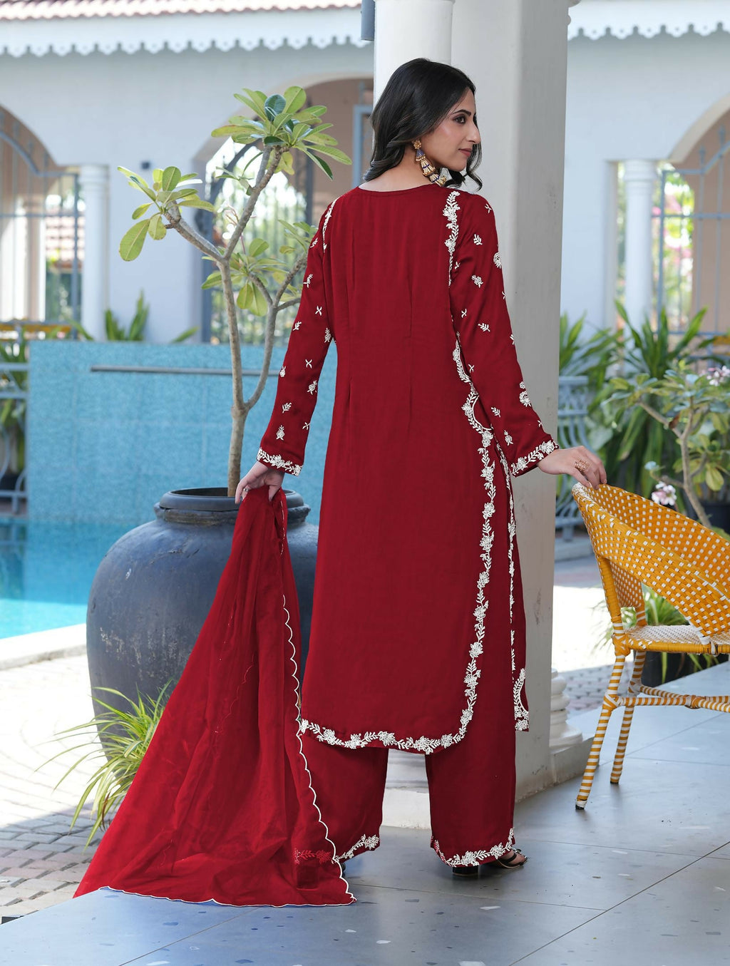 Nikhaar Maroon Embroidered Modal Silk Stitched Straight Cut Kurta Culottes Dupatta Readymade Suit | Grocsy