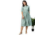 Green & Off-White Ethnic Motifs Printed Cotton A-Line Dress - Poonam | Grocsy