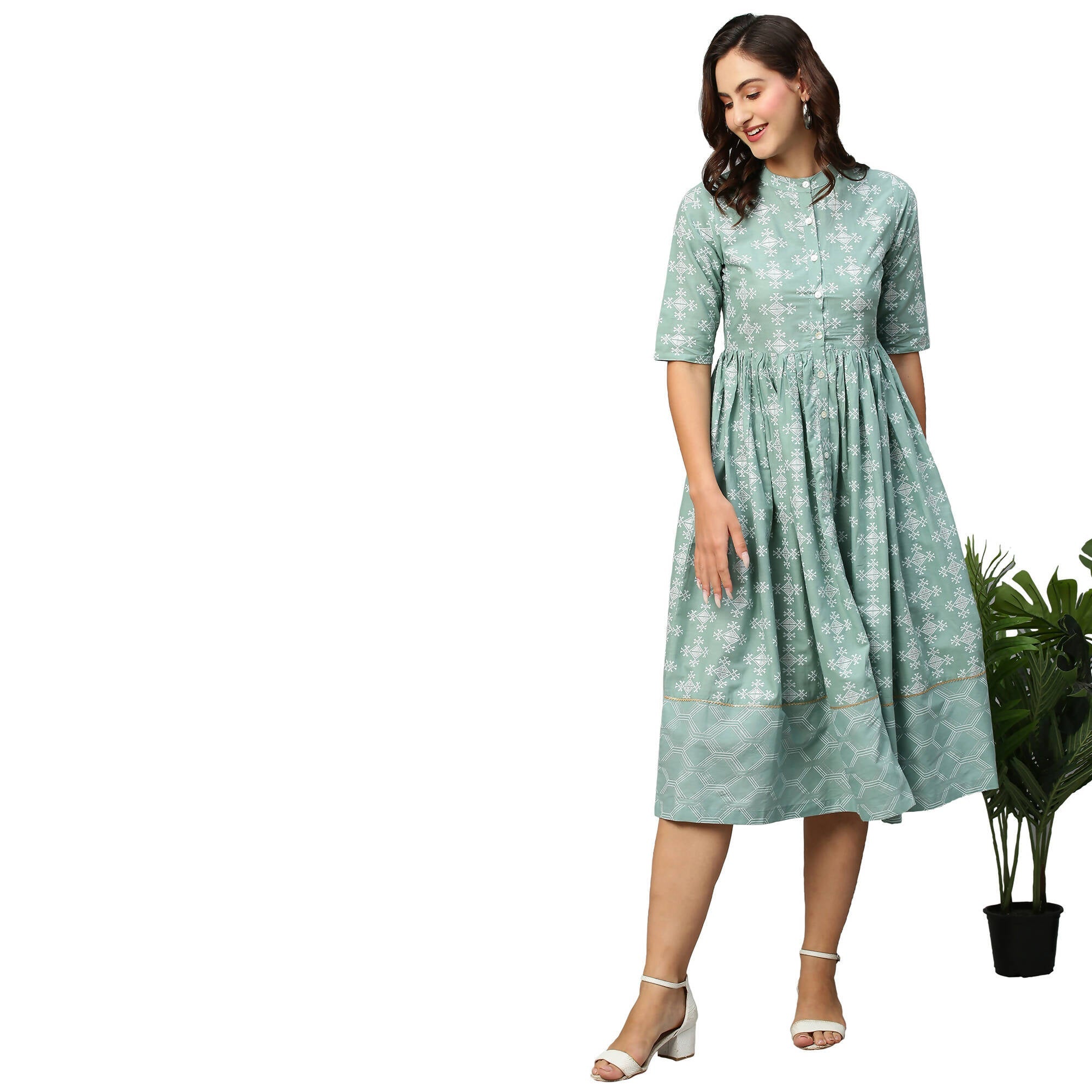 Green & Off-White Ethnic Motifs Printed Cotton A-Line Dress - Poonam | Grocsy