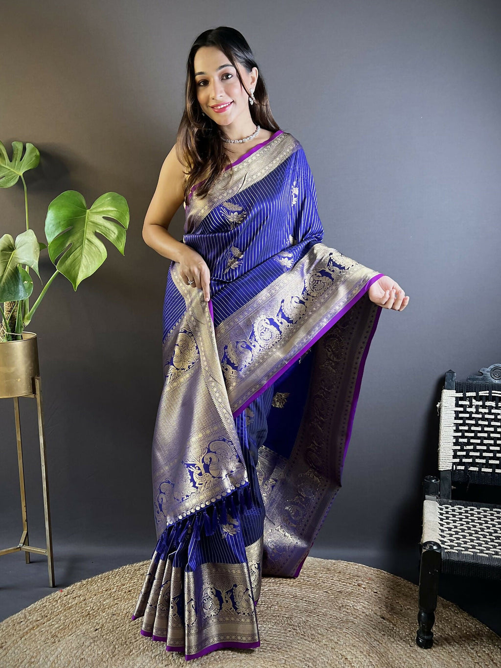 Joban Fashion Royal Blue Striped With Floral Motifs Soft Silk Leheriya Saree | Grocsy
