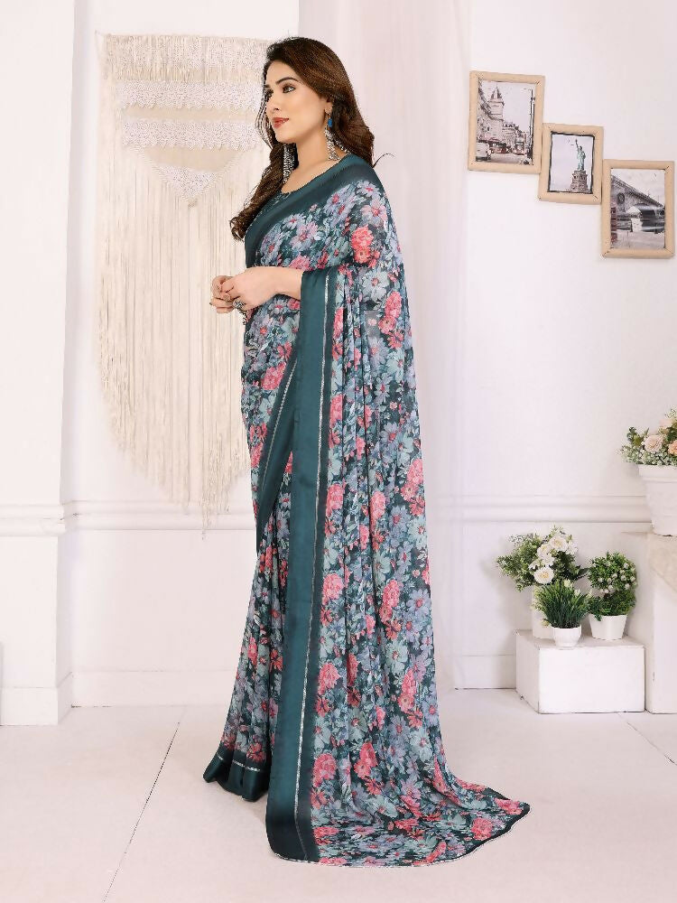 PR Fashion Morpich Bright Moss Satin Patta Printed Saree | Grocsy