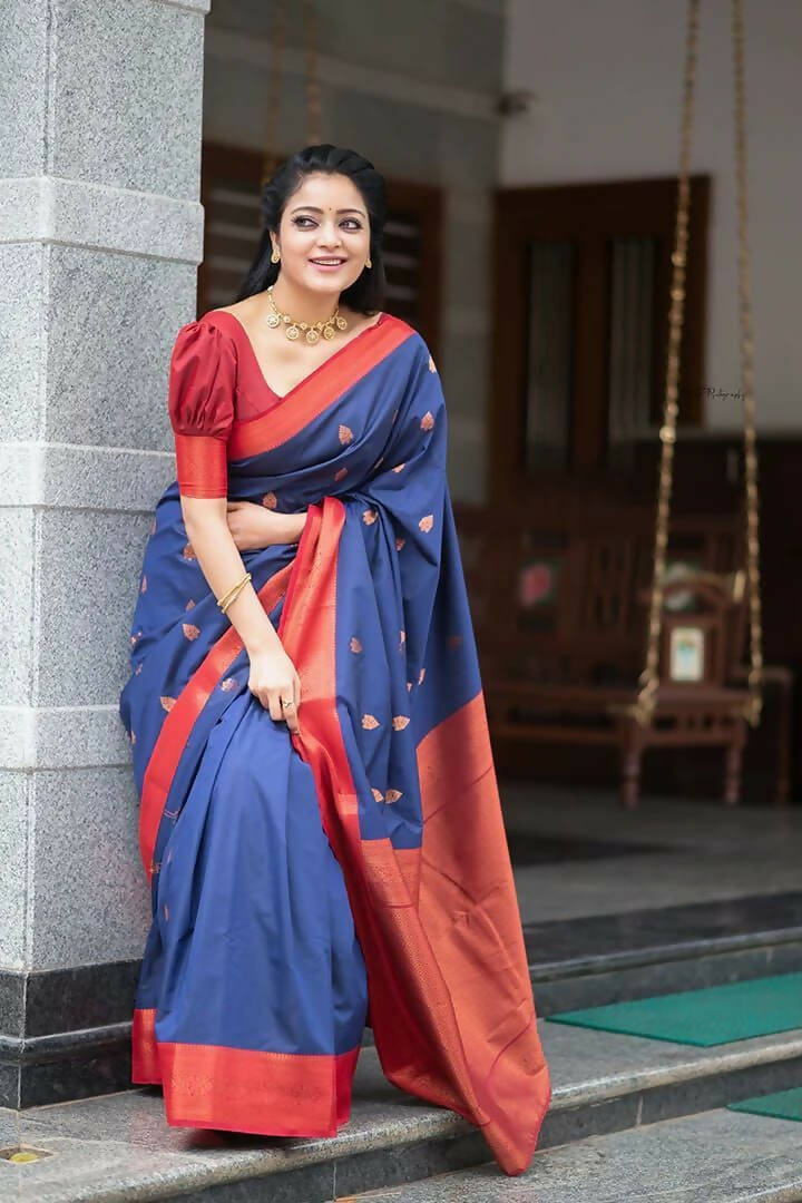 DEIANA'S Beautiful Designer Golden zari Soft Lichi Silk Saree - Blue | Grocsy