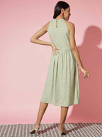 Myshka Women Ethnic Motifs Rayon A-Line Round Neck Green Dress | Grocsy