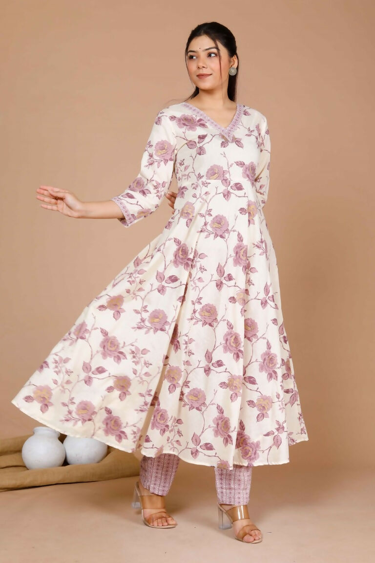 Miravan Women's Pink Floral Printed Anarkali Kurta With Palazzo | Grocsy