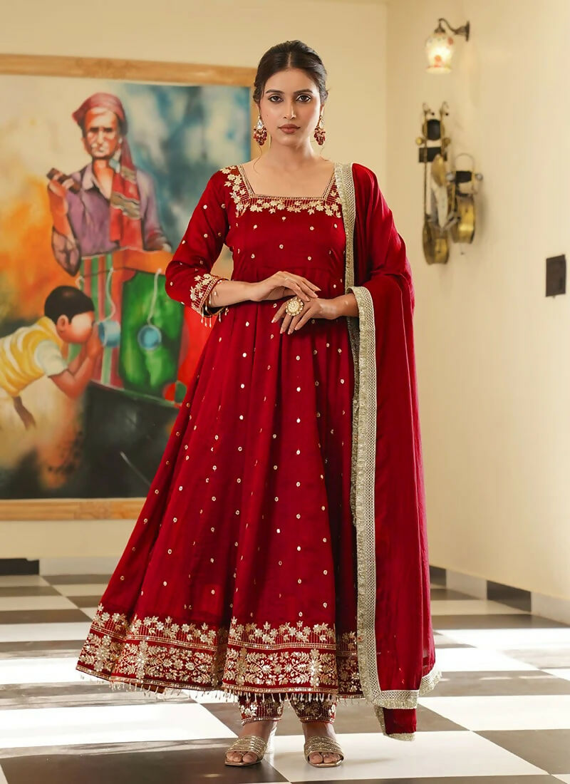 Teeya Creation Red Color Pure Vichitra Silk Embroidery Work Party Wear Gown | Grocsy