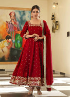 Teeya Creation Red Color Pure Vichitra Silk Embroidery Work Party Wear Gown | Grocsy