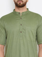 Even Apparels Green Color Pure Cotton Men's Kurta With Band Collar | Grocsy