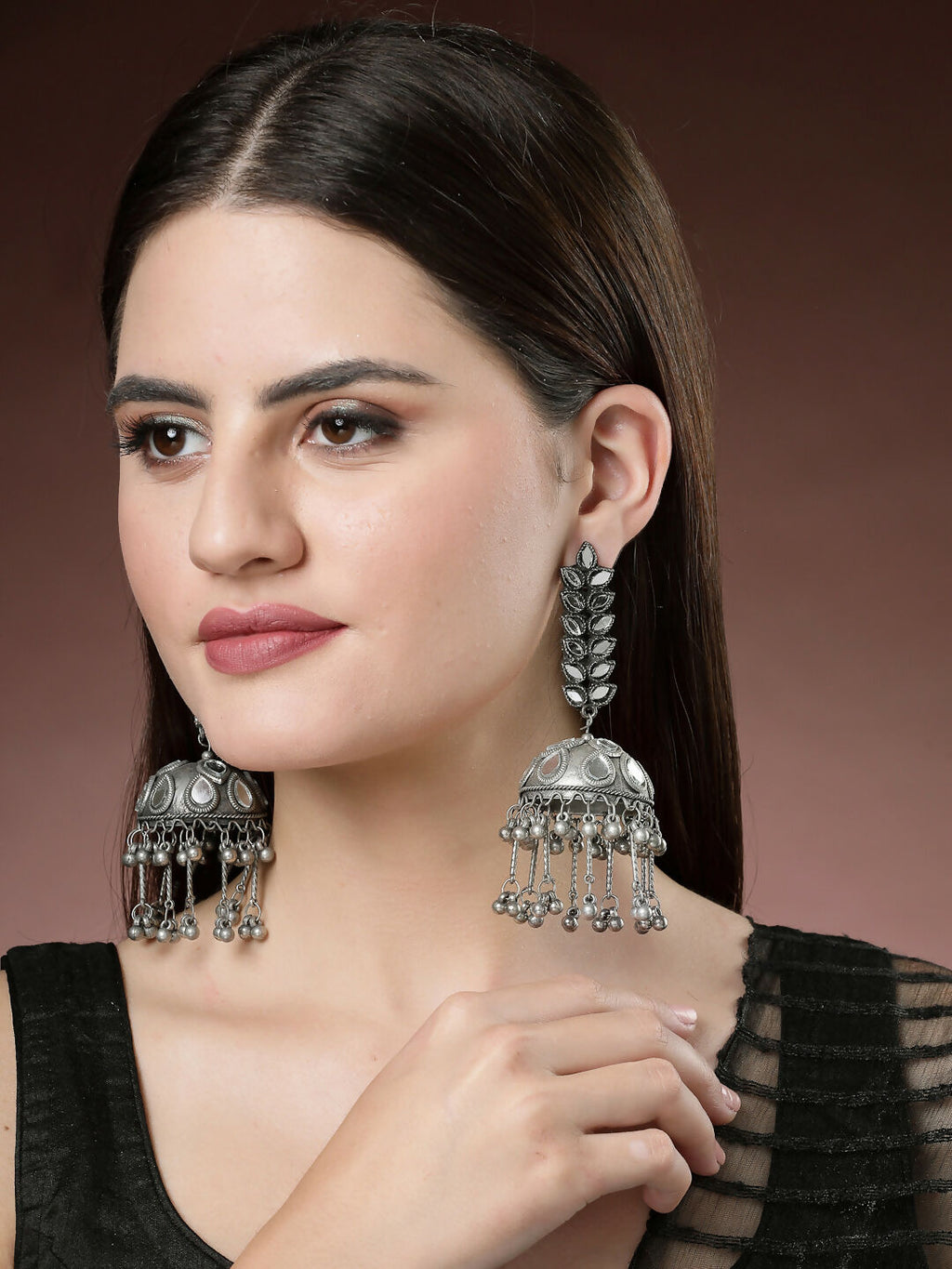 NVR Women's Silver Plated Mirror Work Oxidised Contemporary Jhumka Earrings | Grocsy