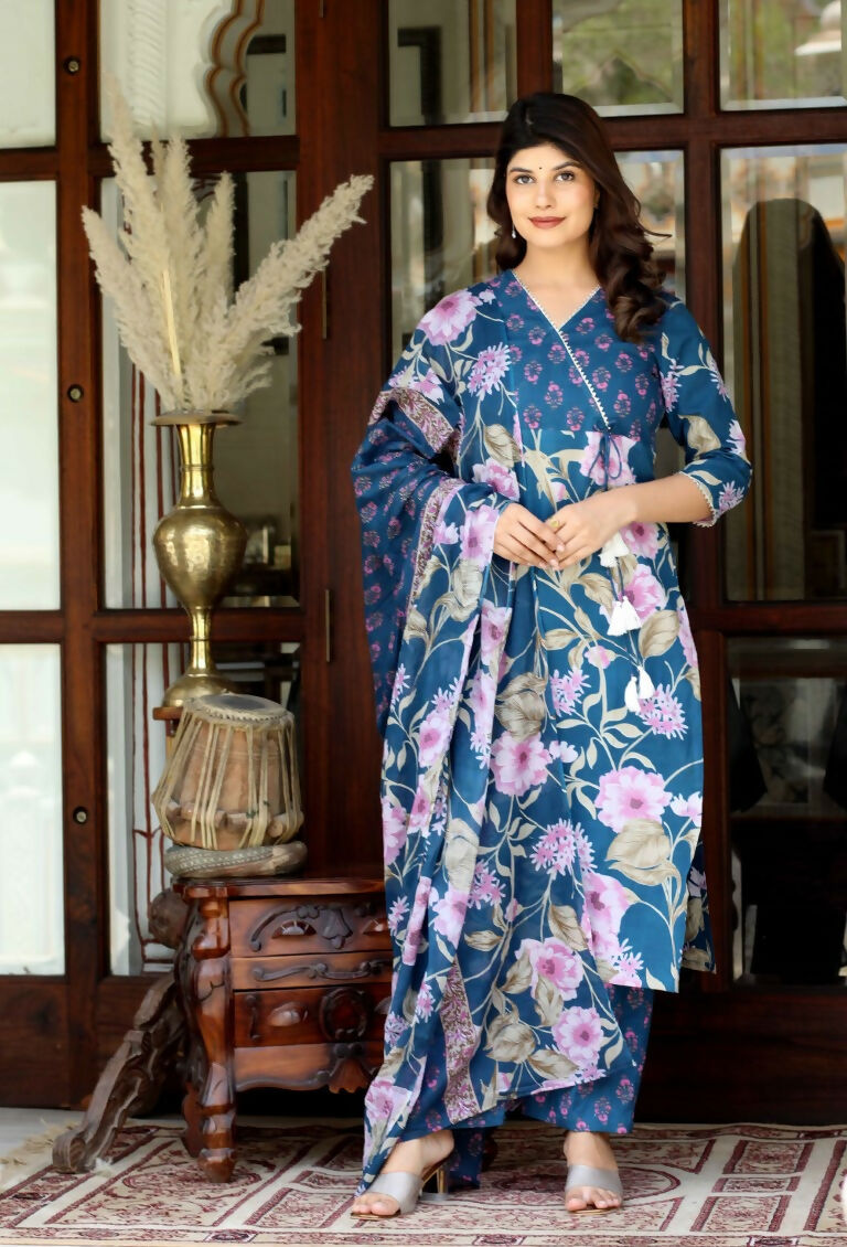 Miravan Women's Cotton Floral Angrakha Kurta And Palazzo With Dupatta Set | Grocsy