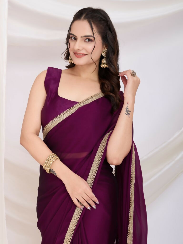 Purple Rangoli Silk Solid, Lace Border Ready To Wear Saree - Kashvi | Grocsy