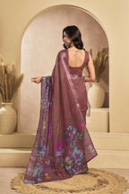 Vastranavya Coffee Digital Printed Linen Ready To Wear Designer Saree with Unstitched Blouse | Grocsy