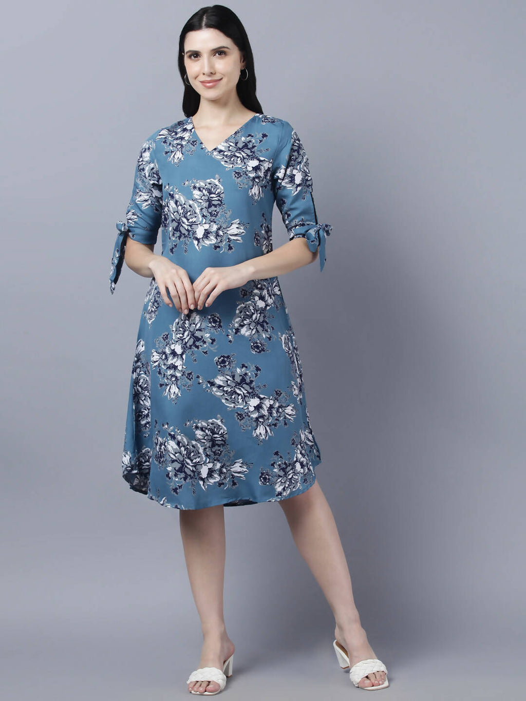 Myshka Women Teal Blue Grey Printed A-line Dress | Grocsy
